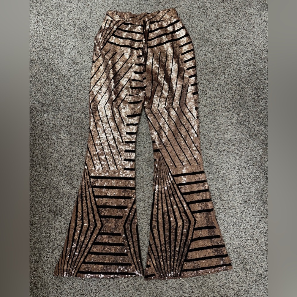 New Sequin Flare Pants in Gold and Black Size Small - Picture 4 of 6